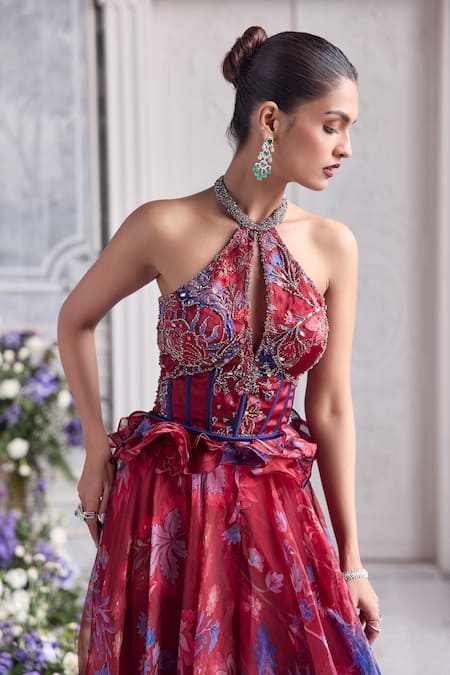 Buy_Mahima Mahajan_Red Silk Organza Beads, Sequins, Embroidery, Elsa Printed Corset Lehenga Set _Online_at_Aza_Fashions