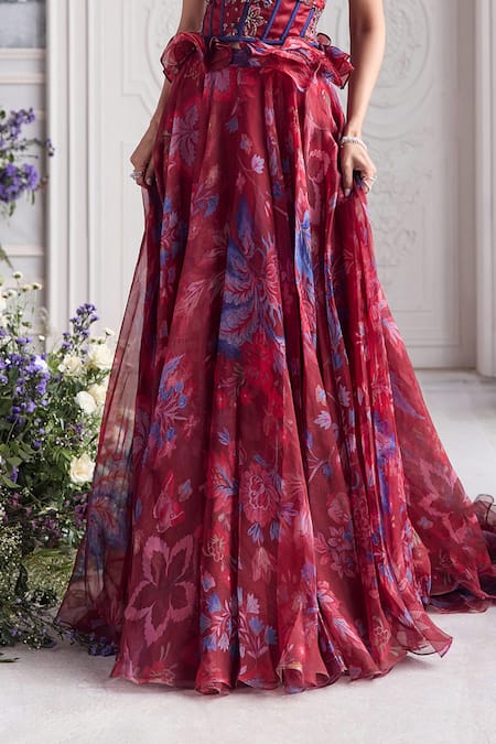 Shop_Mahima Mahajan_Red Silk Organza Beads, Sequins, Embroidery, Elsa Printed Corset Lehenga Set _Online_at_Aza_Fashions