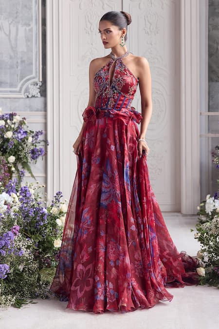 Mahima Mahajan_Red Silk Organza Beads, Sequins, Embroidery, Elsa Printed Corset Lehenga Set _at_Aza_Fashions