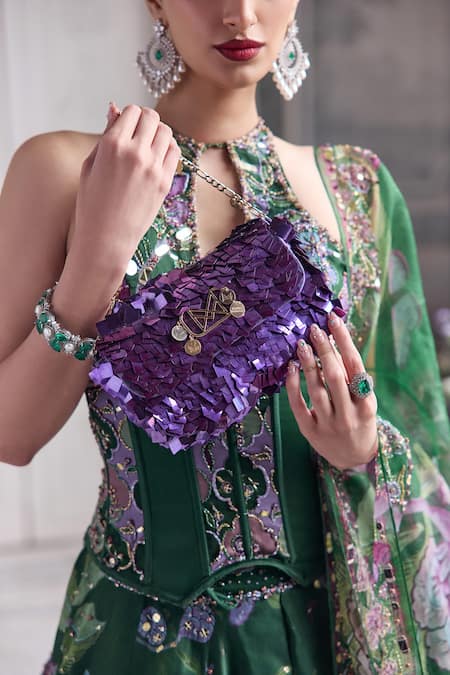 Mahima Mahajan_Green Silk Organza Sequins, Embroidery Halter Neck, Zuha Printed Lehenga Set  _Online_at_Aza_Fashions