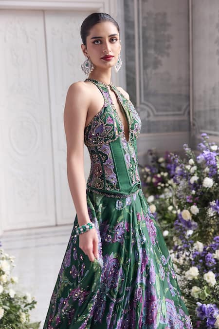 Buy_Mahima Mahajan_Green Silk Organza Sequins, Embroidery Halter Neck, Zuha Printed Lehenga Set  _Online_at_Aza_Fashions