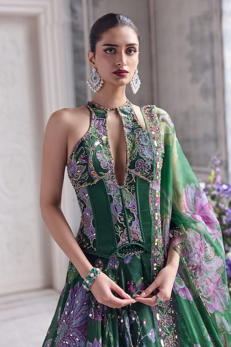 Shop_Mahima Mahajan_Green Silk Organza Sequins, Embroidery Halter Neck, Zuha Printed Lehenga Set  _Online_at_Aza_Fashions
