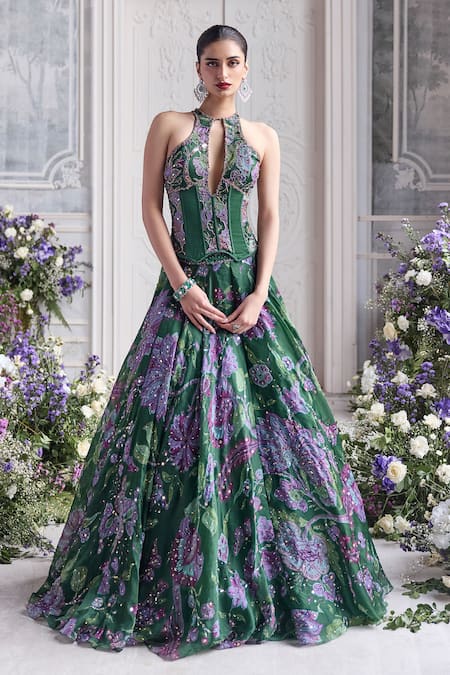 Buy_Mahima Mahajan_Green Silk Organza Sequins, Embroidery Halter Neck, Zuha Printed Lehenga Set  