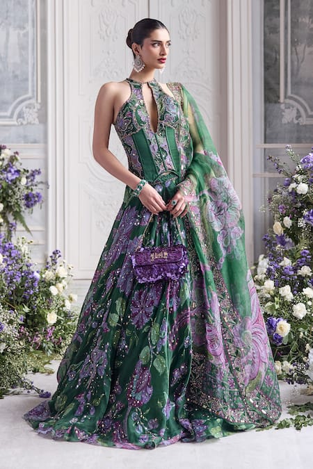 Shop_Mahima Mahajan_Green Silk Organza Sequins, Embroidery Halter Neck, Zuha Printed Lehenga Set  