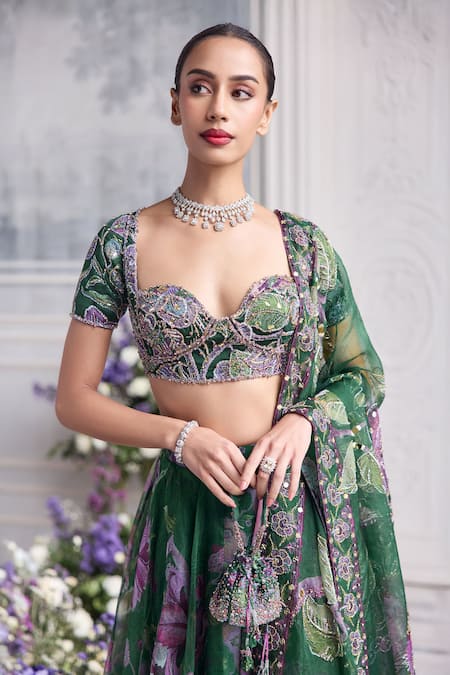 Mahima Mahajan_Green Silk Organza Sequins, Embroidery, Beads Resha Printed Lehenga Set _Online_at_Aza_Fashions