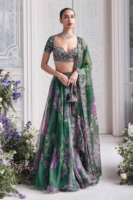 Buy_Mahima Mahajan_Green Silk Organza Sequins, Embroidery, Beads Resha Printed Lehenga Set _Online_at_Aza_Fashions