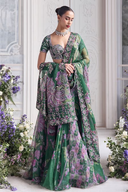 Mahima Mahajan_Green Silk Organza Sequins, Embroidery, Beads Resha Printed Lehenga Set _at_Aza_Fashions