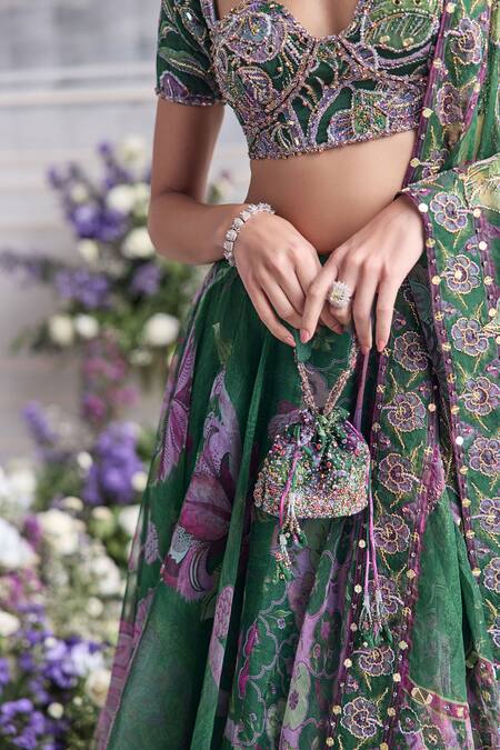 Buy_Mahima Mahajan_Green Silk Organza Sequins, Embroidery, Beads Resha Printed Lehenga Set 