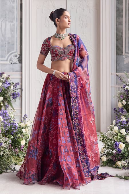 Mahima Mahajan_Red Silk Organza Embroidery, Sequins, Stones, Shasha Floral Printed Lehenga Set  _at_Aza_Fashions
