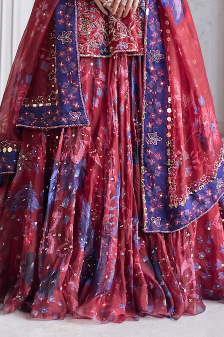 Mahima Mahajan_Red Silk Organza Sequins, Embroidery, Zari Selina Peplum Kurta And Lehenga Set _Online_at_Aza_Fashions