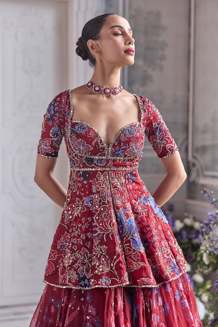 Buy_Mahima Mahajan_Red Silk Organza Sequins, Embroidery, Zari Selina Peplum Kurta And Lehenga Set _Online_at_Aza_Fashions