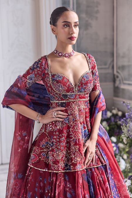 Shop_Mahima Mahajan_Red Silk Organza Sequins, Embroidery, Zari Selina Peplum Kurta And Lehenga Set _Online_at_Aza_Fashions