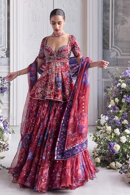Mahima Mahajan_Red Silk Organza Sequins, Embroidery, Zari Selina Peplum Kurta And Lehenga Set _at_Aza_Fashions