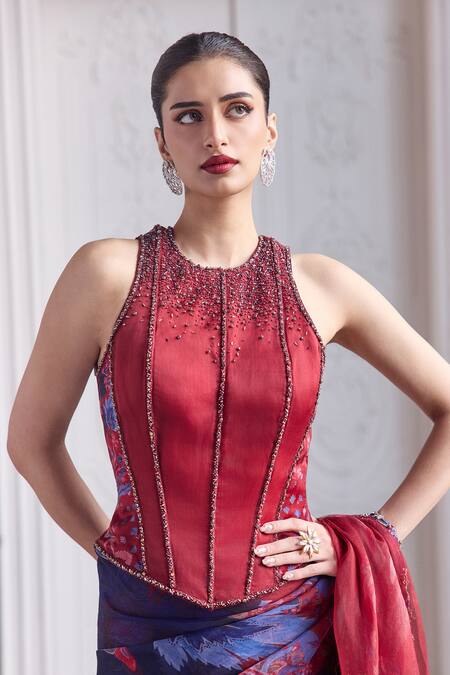 Mahima Mahajan_Red Silk Organza Sequins, Beads, Embroidery, Farisha Corset And Printed Saree Set _Online_at_Aza_Fashions