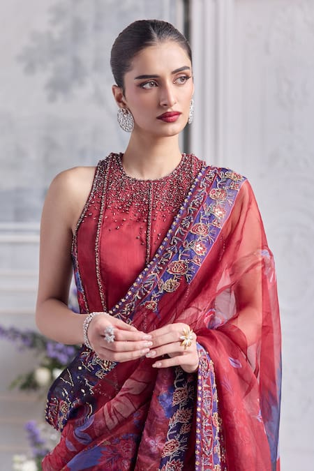Buy_Mahima Mahajan_Red Silk Organza Sequins, Beads, Embroidery, Farisha Corset And Printed Saree Set _Online_at_Aza_Fashions