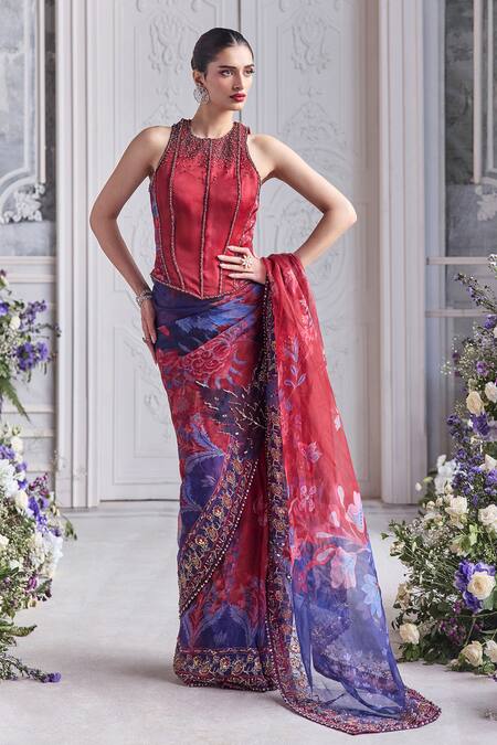 Shop_Mahima Mahajan_Red Silk Organza Sequins, Beads, Embroidery, Farisha Corset And Printed Saree Set _Online_at_Aza_Fashions