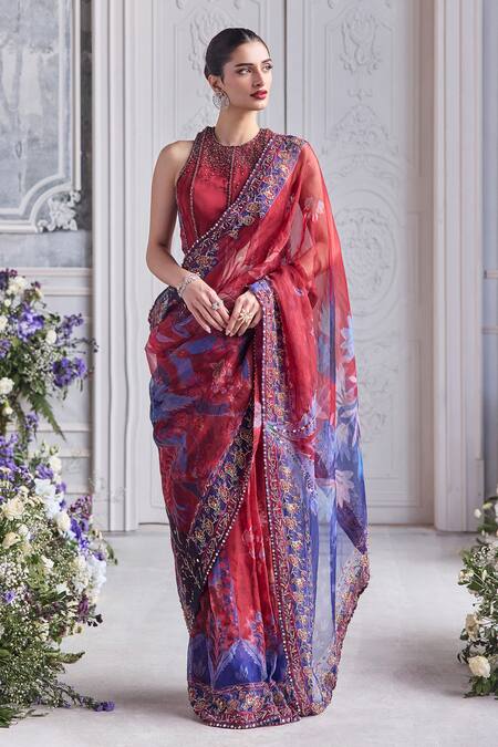 Mahima Mahajan_Red Silk Organza Sequins, Beads, Embroidery, Farisha Corset And Printed Saree Set _at_Aza_Fashions
