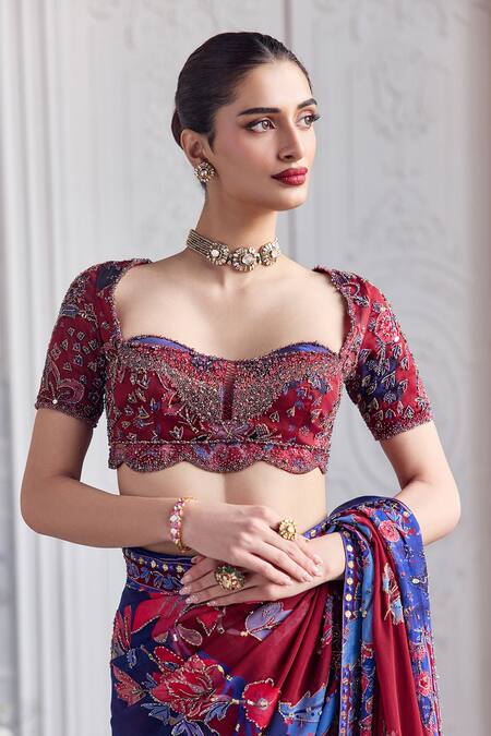 Mahima Mahajan_Red Georgette Embroidery, Samar Floral Print Pre-draped Saree With Blouse _Online_at_Aza_Fashions