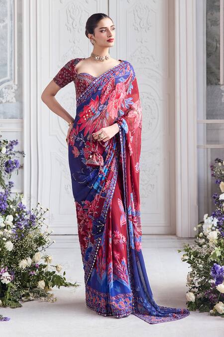 Buy_Mahima Mahajan_Red Georgette Embroidery, Samar Floral Print Pre-draped Saree With Blouse _Online_at_Aza_Fashions