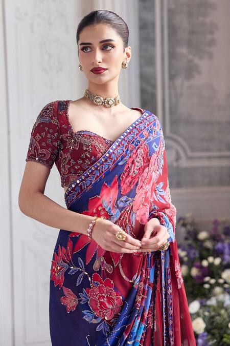 Shop_Mahima Mahajan_Red Georgette Embroidery, Samar Floral Print Pre-draped Saree With Blouse _Online_at_Aza_Fashions