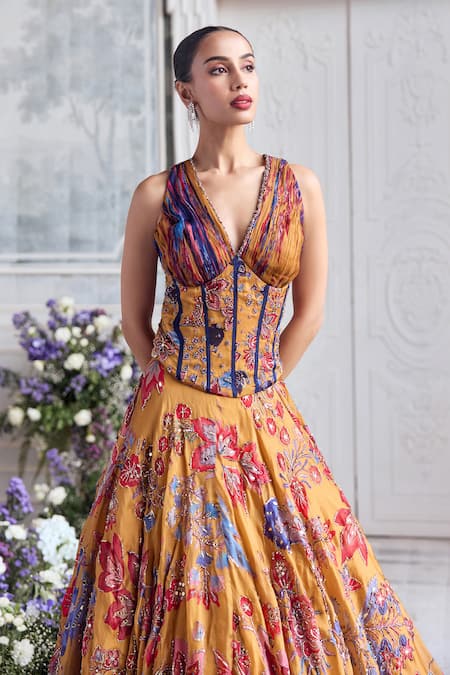 Buy_Mahima Mahajan_Yellow Silk Organza Embroidery, Sequins, Stones V-neck Maham Corset Lehenga Set _Online_at_Aza_Fashions