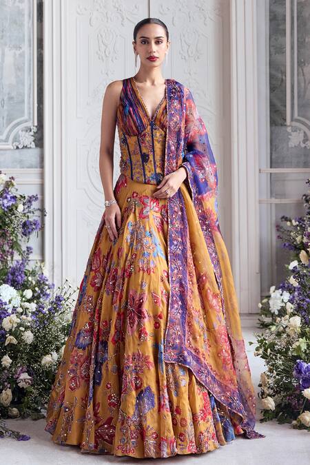 Shop_Mahima Mahajan_Yellow Silk Organza Embroidery, Sequins, Stones V-neck Maham Corset Lehenga Set _Online_at_Aza_Fashions