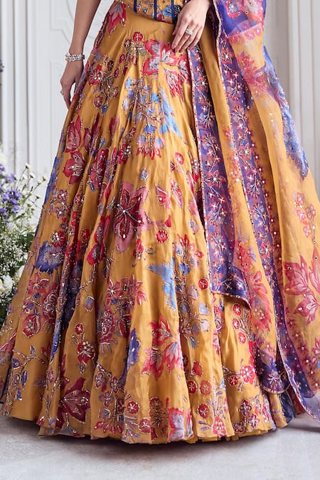 Mahima Mahajan_Yellow Silk Organza Embroidery, Sequins, Stones V-neck Maham Corset Lehenga Set _at_Aza_Fashions