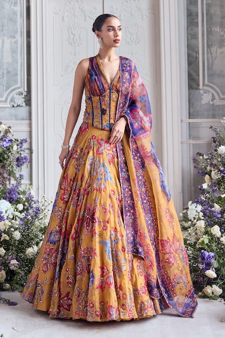 Buy_Mahima Mahajan_Yellow Silk Organza Embroidery, Sequins, Stones V-neck Maham Corset Lehenga Set 