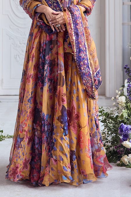 Mahima Mahajan_Yellow Silk Organza Sequins, Avaia Floral Printed Anarkali And Dupatta Set _Online_at_Aza_Fashions