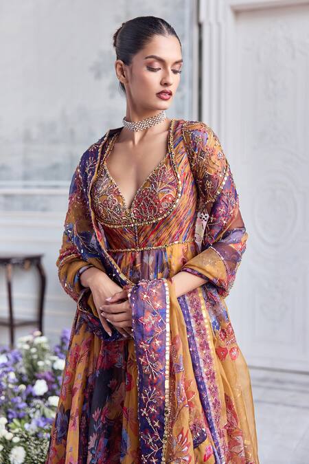 Buy_Mahima Mahajan_Yellow Silk Organza Sequins, Avaia Floral Printed Anarkali And Dupatta Set _Online_at_Aza_Fashions