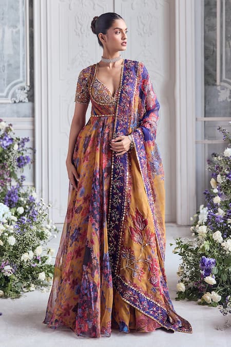 Shop_Mahima Mahajan_Yellow Silk Organza Sequins, Avaia Floral Printed Anarkali And Dupatta Set _Online_at_Aza_Fashions