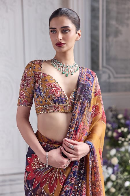 Mahima Mahajan_Yellow Silk Organza Embroidery, Shahzain Printed And Pre-draped Saree Set _Online_at_Aza_Fashions