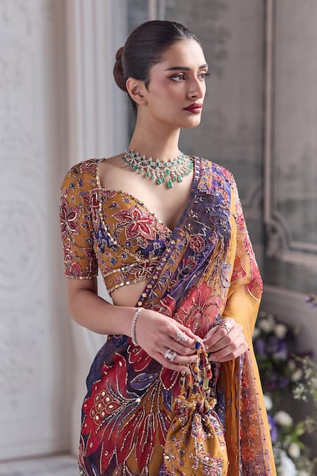 Buy_Mahima Mahajan_Yellow Silk Organza Embroidery, Shahzain Printed And Pre-draped Saree Set _Online_at_Aza_Fashions