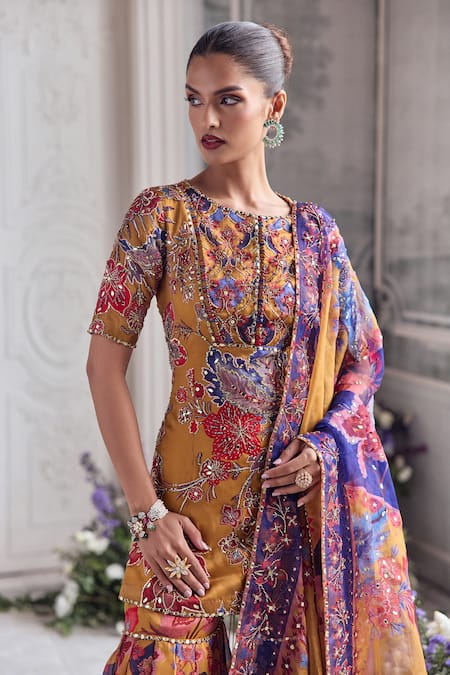 Mahima Mahajan_Mustard Silk Organza Embroidery, Sequins Raesha Floral Kurta And Sharara Set _Online_at_Aza_Fashions