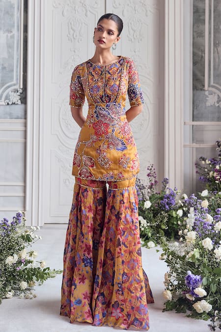 Mahima Mahajan_Mustard Silk Organza Embroidery, Sequins Raesha Floral Kurta And Sharara Set _at_Aza_Fashions