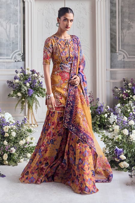 Buy_Mahima Mahajan_Mustard Silk Organza Embroidery, Sequins Raesha Floral Kurta And Sharara Set 