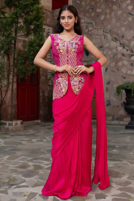 Nidhi Kejriwal Floral Embroidered Jacket & Pre-Draped Saree Set 