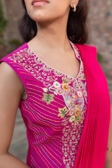 Shop_Nidhi Kejriwal_Magenta Silk, Georgette Sequins, Zari, Floral Jacket And Pre-draped Saree Set _Online_at_Aza_Fashions
