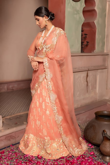 Shop_Nidhi Kejriwal_Peach Doriya, Organza Zari, Sequins, Peacock Hand Lehenga Saree And Blouse Set _Online_at_Aza_Fashions