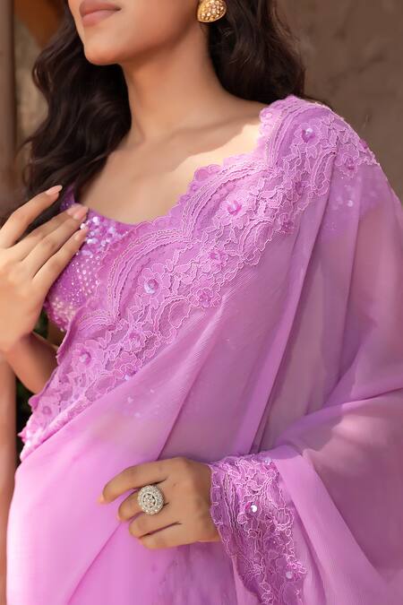 Nidhi Kejriwal_Purple Chiffon Pearls, Sequins, Chandelier Embellished Drape Saree And Blouse _Online_at_Aza_Fashions