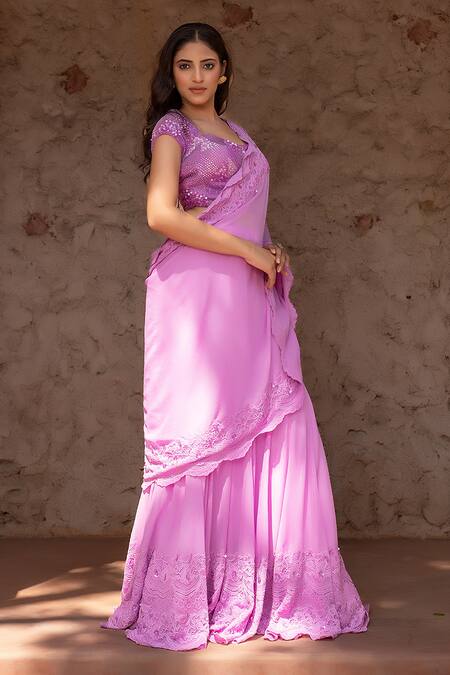 Buy_Nidhi Kejriwal_Purple Chiffon Pearls, Sequins, Chandelier Embellished Drape Saree And Blouse _Online_at_Aza_Fashions