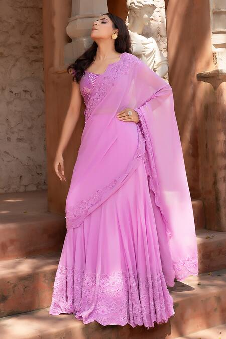 Shop_Nidhi Kejriwal_Purple Chiffon Pearls, Sequins, Chandelier Embellished Drape Saree And Blouse _Online_at_Aza_Fashions