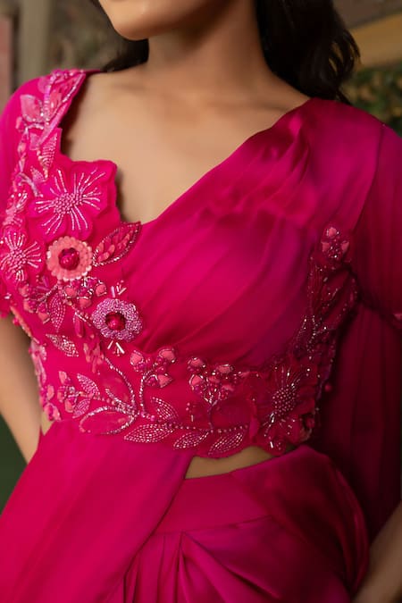 Nidhi Kejriwal_Magenta Satin, Georgette Embroidery, Sequins Pre-draped Saree And Blouse Set _Online_at_Aza_Fashions