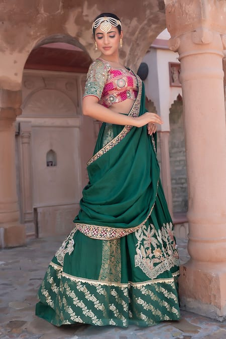 Buy_Nidhi Kejriwal_Green Tissue, Brocade Zari, Metallic Thread, And Lehenga Saree With Blouse _Online_at_Aza_Fashions