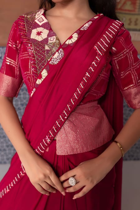 Nidhi Kejriwal_Wine Georgette, Silk Sequins, Beads, Embroidery V-neck, Saree With Blouse _Online_at_Aza_Fashions