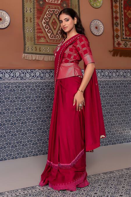 Shop_Nidhi Kejriwal_Wine Georgette, Silk Sequins, Beads, Embroidery V-neck, Saree With Blouse _Online_at_Aza_Fashions