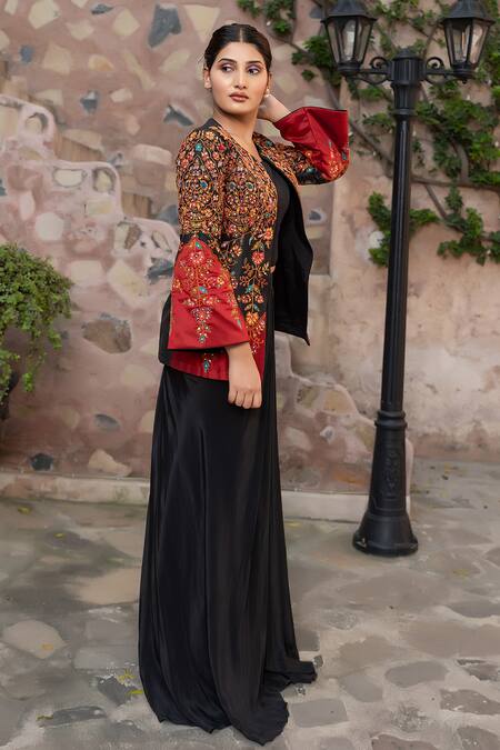 Buy_Nidhi Kejriwal_Black Doriya, Silk Embroidery, Patchwork Round Neck Jacket Skirt Set _Online_at_Aza_Fashions