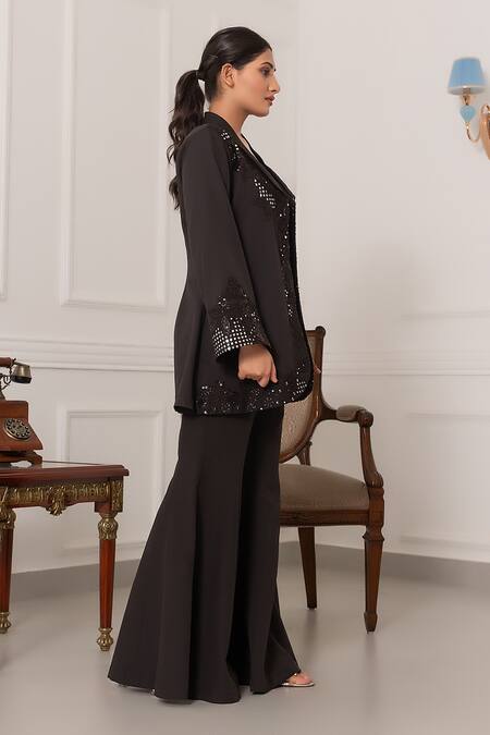 Nidhi Kejriwal_Black Sequins, Mirrors Sweetheart Neck Work Coat And Palazzo Set _Online_at_Aza_Fashions
