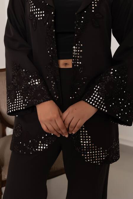 Buy_Nidhi Kejriwal_Black Sequins, Mirrors Sweetheart Neck Work Coat And Palazzo Set _Online_at_Aza_Fashions