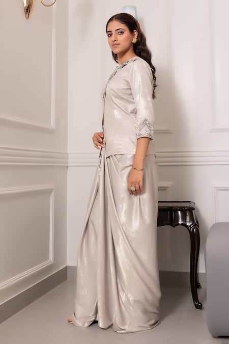 Buy_Nidhi Kejriwal_Gray Sequins, Beads V-neck Embroidered Jacket And Draped Skirt Set _Online_at_Aza_Fashions